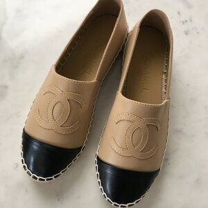 CHANEL CC Beige Black Lambskin Leather Espadrilles